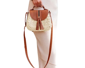 Tote Straw Crossbody Bag/ handwoven Paper Straw Hand Bag with leather