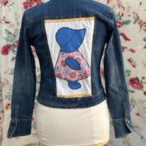 Upcycled Jean Jacket with vintage Sun Bonnet Sue quilt square- Holly Hobbie