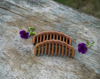 Könnte beinhalten: Zwei Holzkämme mit natürlichem Finish werden auf einer verwitterten Holzoberfläche präsentiert, begleitet von Zweigen mit lila Blüten. Die Kämme haben ein gebogenes Design mit gleichmäßig verteilten Zähnen und zeigen eine handwerkliche Ästhetik.
