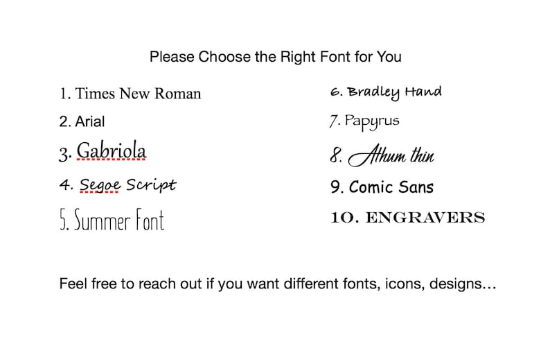 May include: A list of ten different fonts, numbered 1 through 10, with the font name written in the corresponding font style. The text "Please Choose the Right Font for You" is at the top of the image. The text "Feel free to reach out if you want different fonts, icons, designs..." is at the bottom of the image.