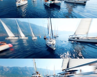 May include: A group of sailboats race across a blue body of water with mountains in the background. The sailboats are white with white sails. The water is calm and clear.