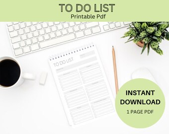 May include: A printable to-do list on a white background with a keyboard, a cup of coffee, a pencil, a mouse, and a potted plant. The to-do list has a title that says "TO DO LIST" and has space for writing tasks. The text "INSTANT DOWNLOAD 1 PAGE PDF" is on a green circle.