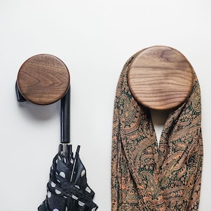 Wall hook, round, minimalist, Coat hook, hat hook, purse hook, walnut | Tangent Hook | Klei Design
