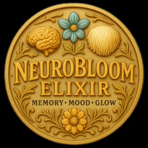 May include: A gold-colored circular emblem with the words "NEUROBLOOM ELIXIR" in a decorative font. The emblem features a brain, a flower, and a fluffy object. The words "MEMORY • MOOD • GLOW" are also present.