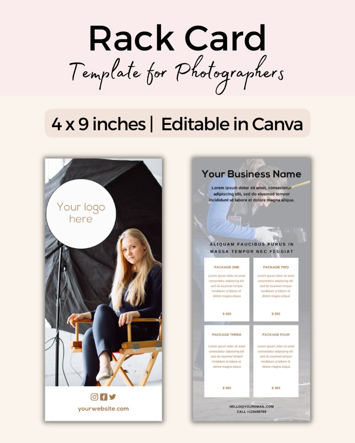 Photography Rack Card Template | 4x9 Price Guide (canva, Digital ...
