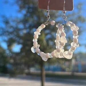 Silver Hoop Earrings: White Pony Beads and Quartz Crystal