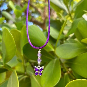 Purple Butterfly Charm Necklace: Iridescent Seed Bead Cord