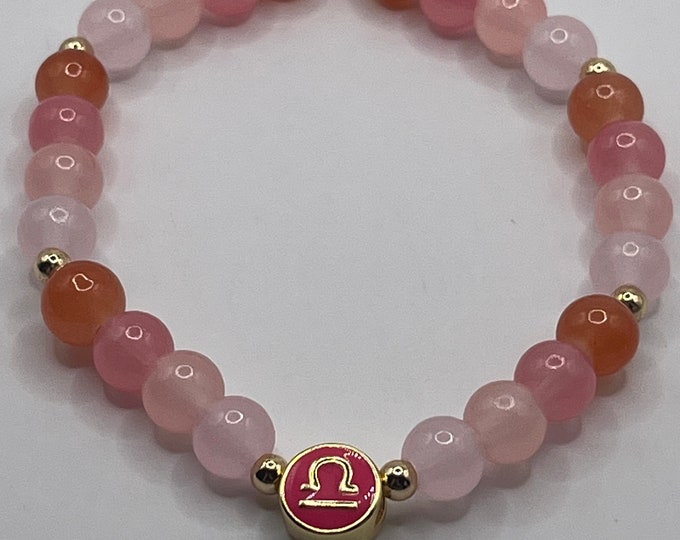 Libra Bracelet: Pink Crystal Beads, 18K Gold Zodiac Charm