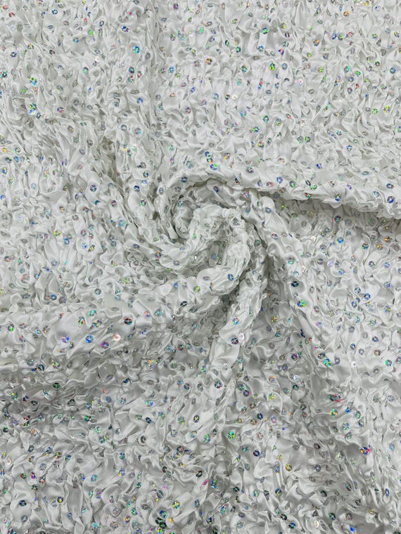 White Pleated Stretch Satin Ruffle lace Trim With Hologram Sequin/24" Wide/Sold By The Yard.