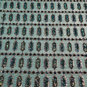 Iridescent Jewel sequin Design On a 4 Way Stretch Mesh Fabric -Sold By The Yard. Green Blue