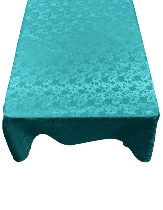 Aqua Roses Jacquard Satin Rectangular Tablecloth Seamless/Party Supply