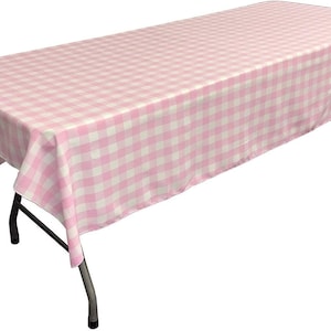 White & Pink Polyester Poplin Gingham Checkered Rectangular Tablecloth.