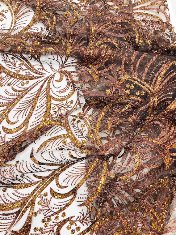 Chocolate Brown Palm Glitter Vine Design On A Mesh Lace Fabric 58"' Wide Prom.