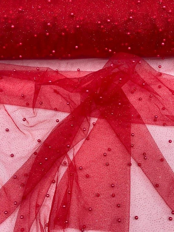 Red Pearl Glitter Studded Mesh, 2-Way Stretch Shimmer Mesh Fabric, Sold by the yard.
