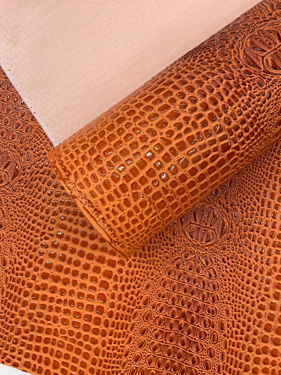 Crush Orange Glossy Two Tone Gator Fake Leather Upholstery, 3D Crocodile Skin Texture Faux Leather PVC Vinyl, 54" Wide