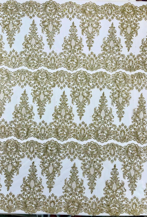 Trim Glitter Damask Design On A Mesh Lace Fabric Prom- Sold By The Yard