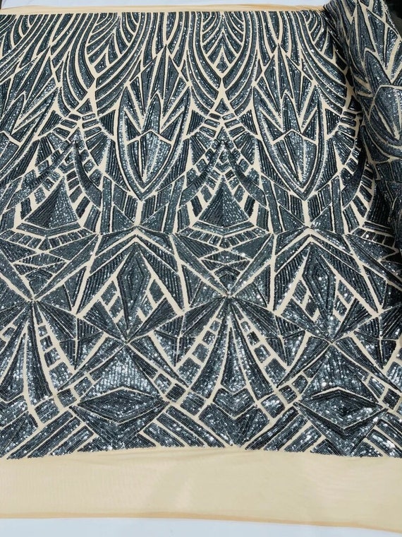 Geometric Shiny Sequin Design On a 4 Way Stretch Mesh-Sold By The Yard. Gray Nude