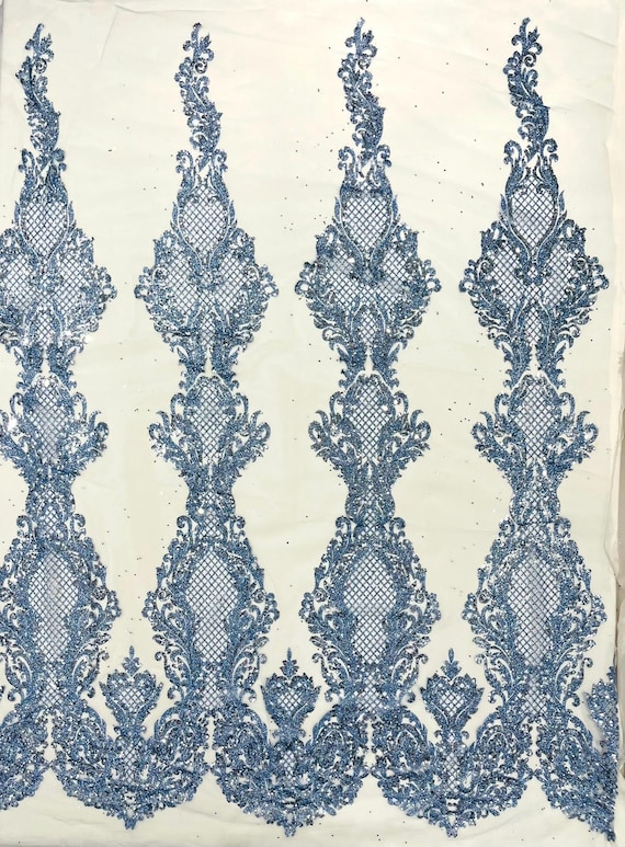 Light Blue Glitter Tower Damask Design Fabric| 58” Wide| Quinsiañera Dresses.