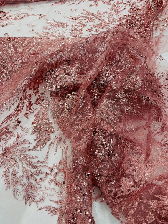 Dusty Rose Big Glitter Damask Design On A Mesh Lace Fabric/Prom/Sold By The Yard