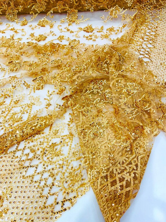 Gold Modern Luxury Beaded Fabric 54” Wide- Sold by the yard