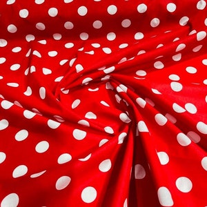 58&quot; Wide Premium 1 inch Polka Dot Poly Cotton Fabric Sold By The Yard. White Dot On Red