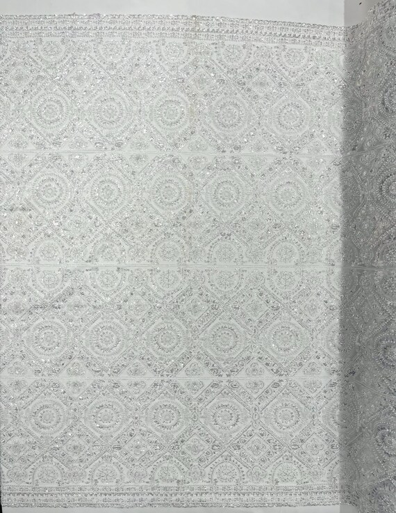 White Geometric Beaded Lace Fabric, Heavy Embroidered Mesh for Bridal and Evening Gowns