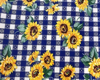 Peut inclure: Tissu à carreaux bleus et blancs avec un motif répétitif de tournesols jaunes. Le tissu est parfait pour les projets d'artisanat, le quilting et la décoration de la maison.
