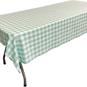 White & Aqua Polyester Poplin Gingham Checkered Rectangular Tablecloth.