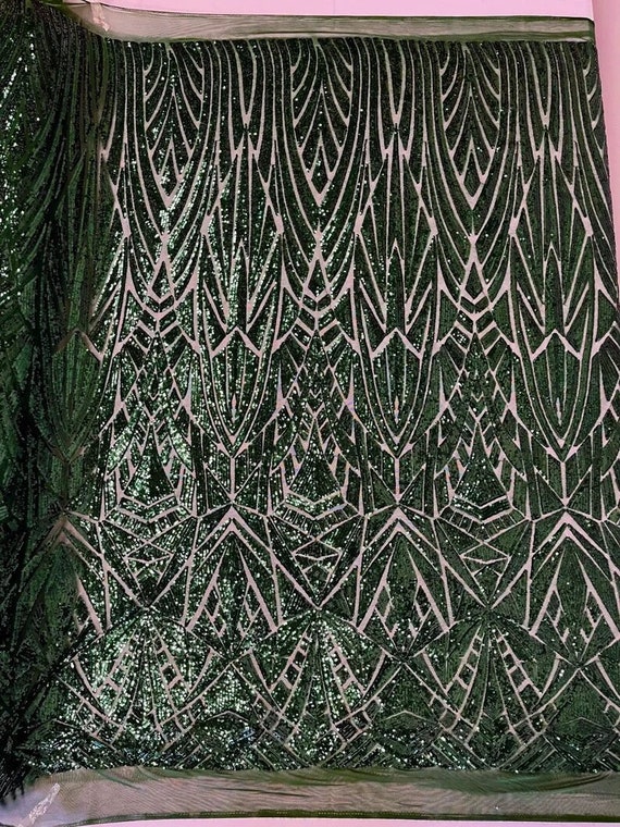 Geometric Shiny Sequin Design On a 4 Way Stretch Mesh-Sold By The Yard. Hunter