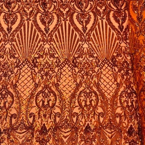 Shiny Sequin Shell Damask Design On a 4 Way Stretch Mesh Fabric -Prom-Sold By Yard. Burnt Orange