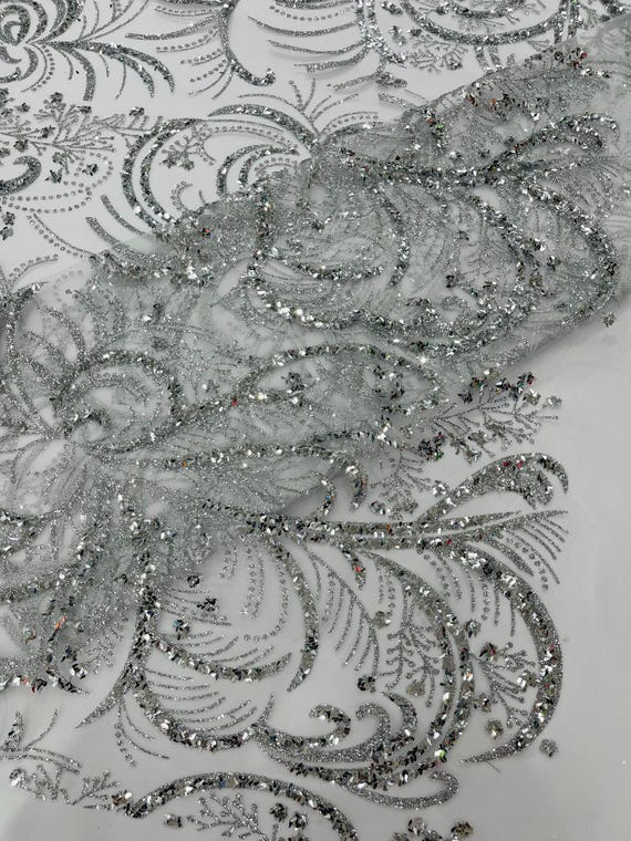 Silver Palm Glitter Vine Design On A White Mesh Lace Fabric 58"' Wide Prom.