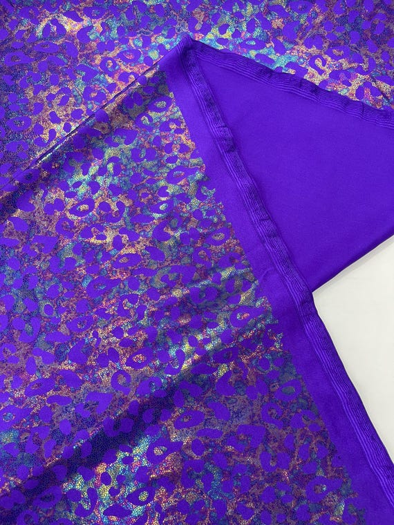 Purple Leopard Oil Spill Metallic Print on a Stretch Nylon Spandex Tricot/Milliskin - Sold by the yard.