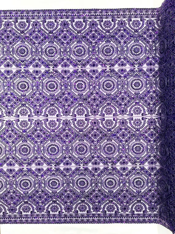 Purple Geometric Beaded Lace Fabric, Heavy Embroidered Mesh for Bridal and Evening Gowns