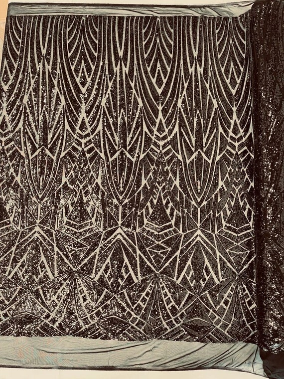 Geometric Shiny Sequin Design On a 4 Way Stretch Mesh-Sold By The Yard. Black