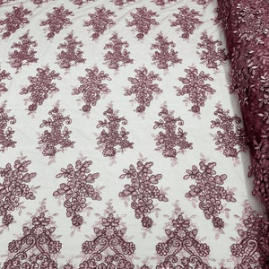 Flower Lace Corded and Embroider with Sequins on a Mesh-Sold by The Yard. Mauve Rose