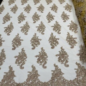 Floral Design Embroider and Corded On a Mesh Lace Fabric-Sold By The Yard. Rose Gold