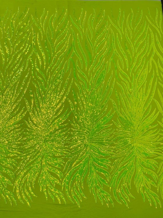 Iridescent Phoenix Feather Design with Sequins Embroider on a 4 Way Stretch Mesh Fabric-Sold by The Yard. Neon Lime Green Iridescent