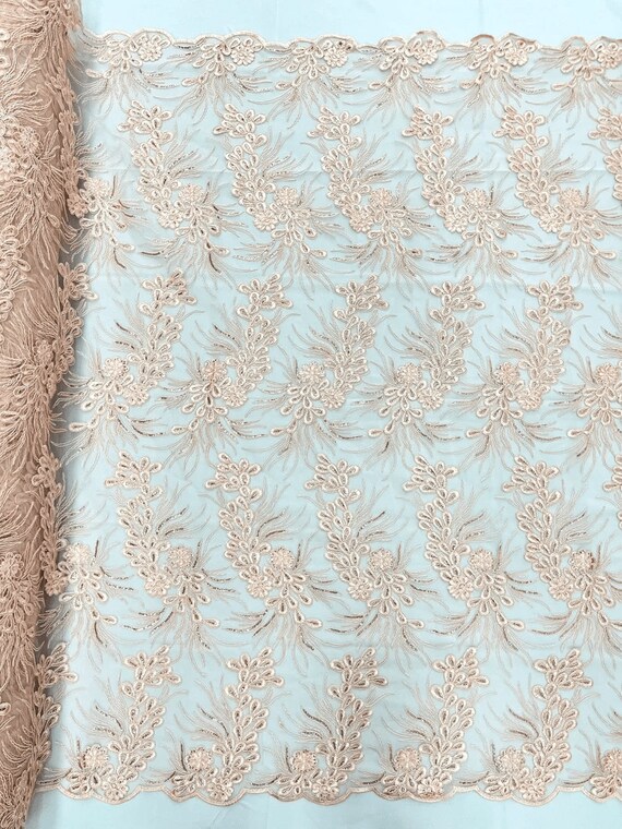 Feather Design Lace With Metallic Cord and Embroider With Sequins On a Mesh-Sold By The Yard. Blush Pink