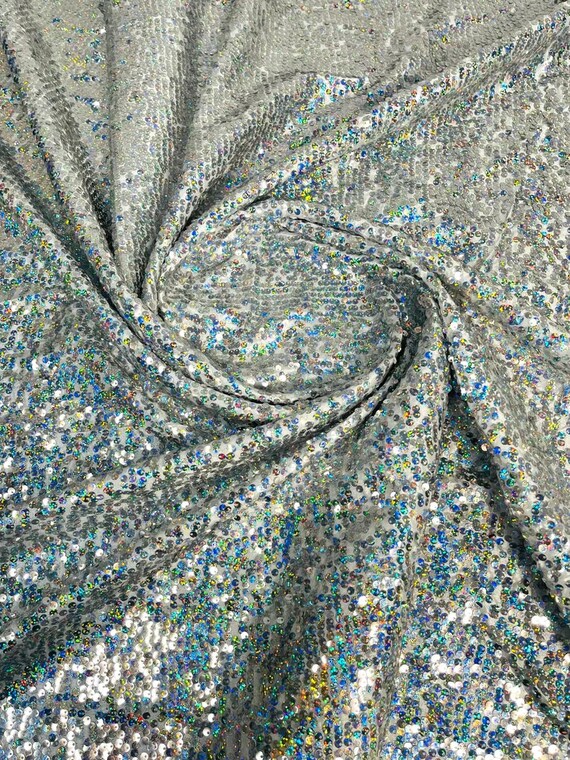 Sequins Taffeta Fabric-Glitz Sequins Taffeta Fabric-Raindrop Sequins-54” Wide-Sold By The Yard Silver Iridescent