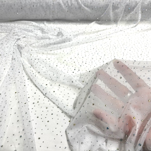 White Sheer All Over AB Rhinestones On Stretch Power Mesh Fabric, Sold by The Yard