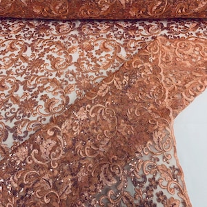 Metallic Corded Flowers Embroider With Sequins On a Mesh Lace Fabric-Prom-Sold By The Yard. Copper