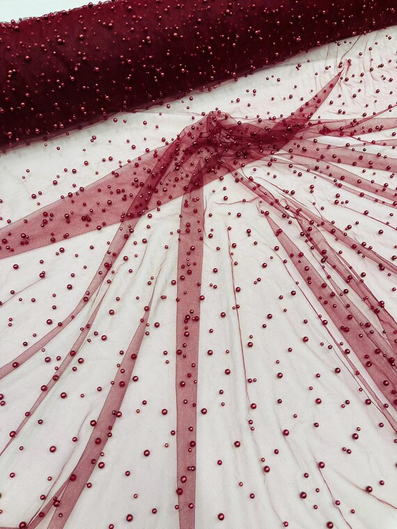 Burgundy Heavy Scattered Pearls Studded Mesh, 2-Way Stretch, Sold By The Yard.