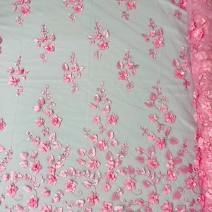 Ruby 3D Floral Design Embroider with Pearls in a Mesh Lace-Dresses-Fashion-Decorations-Prom-Nightgown-Sold By the Yard. Candy Pink