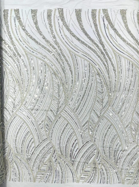 Silver Luxury Feather Damask Beaded Lace Fabric| Prom| Wedding| By The Yard.