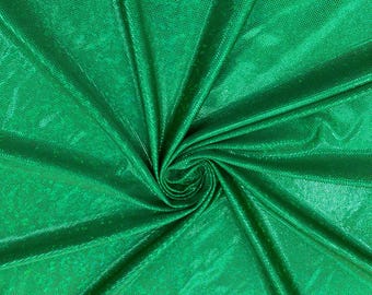 Lámina holográfica verde efecto cristal roto / 147 cm de ancho / Tricot de nailon y spandex elástico en 4 direcciones. Se vende cortada a medida.