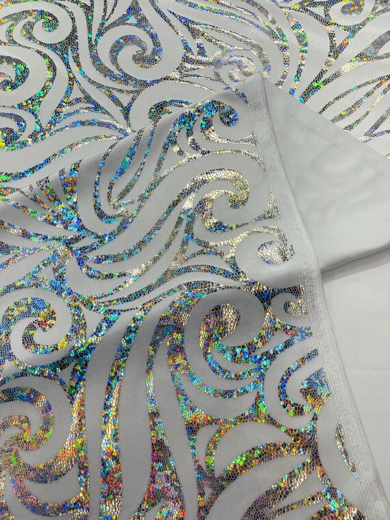 Silver White Holographic Foil Tribal Flame Design On A Stretch Velvet Fabric. By The Yard