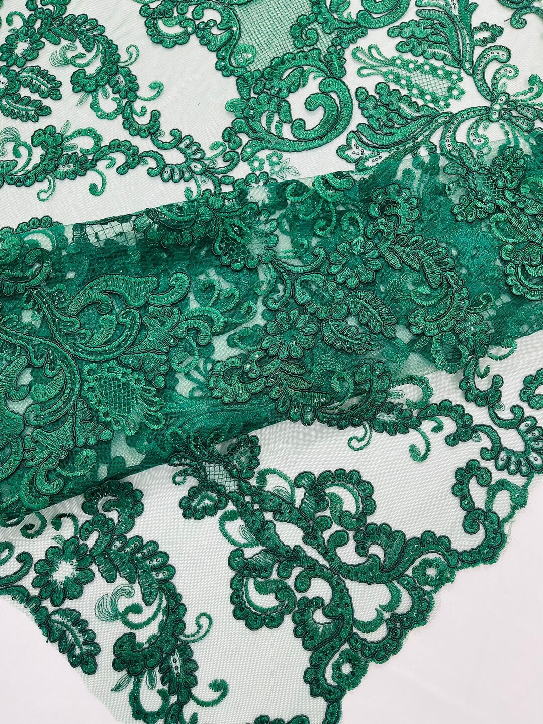 Hunter Green Embroidery Damask Design With Sequins on A Mesh Lace ...