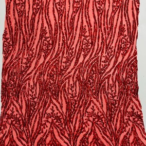 Red Root/Vine Sequin 4 Way Stretch Mesh Fabric, by The Yard.