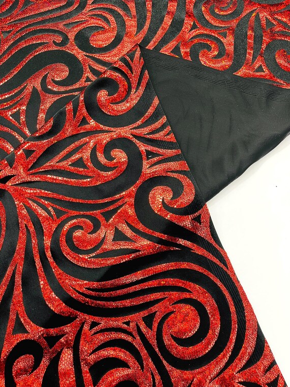 Red Black Holographic Foil Tribal Flame Design On A Stretch Velvet Fabric. By The Yard