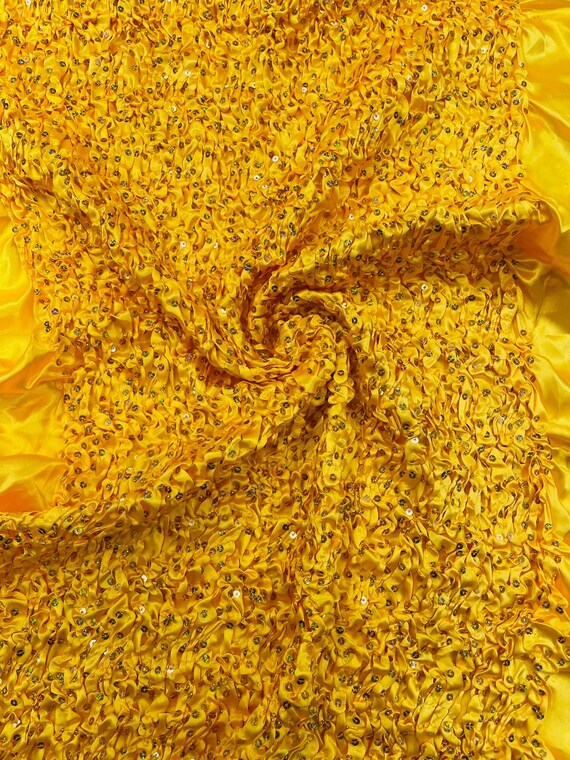 Yellow Pleated Stretch Satin Ruffle lace Trim With Hologram Sequin/24" Wide/Sold By The Yard.